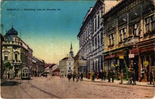 1917 Miskolc, Széchenyi utca és Városház tér, villamos, üzletek. Orosz Ferenc kiadása (EB)