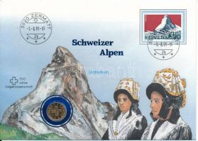 Svájc 1986B 1r bronz felbélyegzett "Svájci Alpok - Matterhorn" borítékban, bélyegzéssel, német nyelvű leírással T:UNC Switzerland 1986B 1 Rappen bronze in "Swiss Alps - Matterhorn" envelope with stamp and cancellation, with German description C:UNC