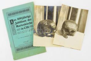 1910/1918 Cillei Ulrik (1406-1456) gróf, horvát-szlavón bán, a Cillei-család utolsó tagjának koponyája elől- és oldalnézetből készült fotókon, rajta a Hunyadi László barátai által okozott sérülésekkel, a fotók 1918-ban készültek, hátoldalon feliratozva, 15×10 cm, hozzá tartozik egy német nyelvű kiadvány a celjei Mária-templomról, ahol a koponyát őrizték, Baróti Lajos irodalomtörténész és kutató ceruzás megjegyzéseivel, 13p