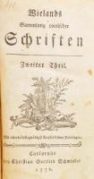 [Wieland, Christoph Martin (1733-1813)]: Wielands Sammlung poetischer Schriften Zweiter Theil. Carlsruhe, 1776, bey Christian Gottlieb Schmieder, XII+420 p. Német nyelven. Korabeli kartonált papírkötésben, kopott borítóval, az elülső szennylap és a címlap laza, javított, foltos lapokkal, a lapokon a 231. oldaltól kis lyukakkal, sérülésekkel.