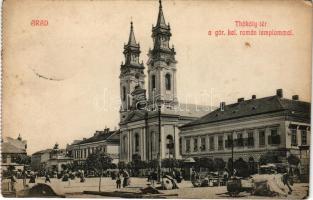 1912 Arad, Thököly tér a görögkeleti román templommal, kenyér sütöde, üzletek, képeslapfüzetből / square with Greek Orthodox church, bakery, shops (fl)