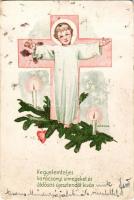 1943 Kegyelemteljes karácsonyi ünnepeket és áldásos újesztendőt kíván. Szalézi Művek kiadása / Christmas and New Year greeting art postcard with angel and candles s: Márton L. (fl)