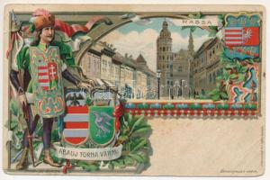 Kassa, Kosice; Abaúj-Torna vármegye címere, székesegyház. Athenaeum R.T. kőnyomása, szecessziós litho / Abovsko-turnianska zupa / cathedral, coat of arms of Abaúj-Torna County. Art Nouveau, floral, litho (b)