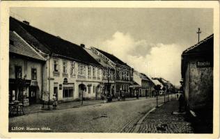Lisov, Husova trída, Hasicská, Hotel Zalozna. Nákl. K. Kucery / street, shops, hotel (crease)