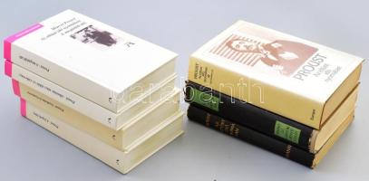 Proust, Marcel: Az eltűnt idő nyomában. A teljes regényfolyam, 7. kötet, 4 Jancsó Júlia fordításában kiadói kartonálásban, A három első kötet Gyergyai Albert fordításában félvászon kötetben, papír védőborítóval.
