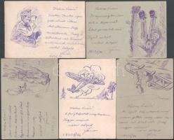 1942 5 db Tábori lap azonos feladóval az orosz frontról, mindegyiken a feladó sajátkezű grafikája. É...