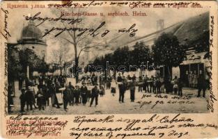 1903 Szávaszentdemeter, Mitrovice, Mitrovitz an der Save, Sremska Mitrovica; Kirchen-Gasse u. serbisch. Heim. Isidor Weiss / Templom utca, szerb templom / street, Serbian church (apró szakadás / tiny tear)