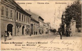 1903 Szávaszentdemeter, Mitrovice, Mitrovitz an der Save, Sremska Mitrovica; Crkvena ulica / Kirchengasse. Isidor Weiss / Templom utca, üzletek / street, shops (EB)
