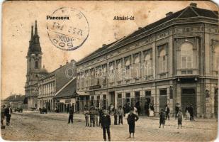 Pancsova, Pancevo; Almási út, templom, üzletek / street, church, shops + "KUBIN - VERSECZ 206. SZ." vasúti mozgóposta bélyegző (kopott sarkak / worn corners)