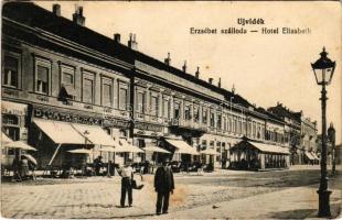 1915 Újvidék, Novi Sad; Erzsébet szálloda, Löwy Mátyás és társa divatáruház, Obermüller, Svetozar Milovanovic üzlete. Urbán Ignác kiadása / Hotel Elisabeth, shops (fl)