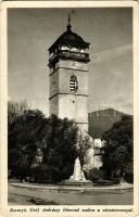 1939 Rozsnyó, Roznava; Rákóczi őrtorony magyar címerrel és "Magyarok leszünk" irredenta felirattal, Gróf Andrássy Dénesné (Franciska) szobor / watchtower with Hungarian coat of arms and irredenta propaganda, statue (kopott sarkak / worn corners)