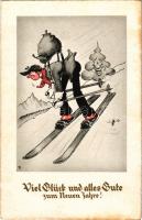 Viel Glück und alles Gute zum neuen Jahre! / New Year greeting postcard, skiing, winter sport. Emb. (fl)