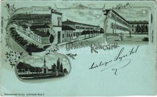 1899 (Vorläufer) Kalocsa, a zárda látképe és udvara, Kálvária és kórház este holdfényben. Schwidernoch Károly műintézete. Art Nouveau, floral, litho (vágott / cut)