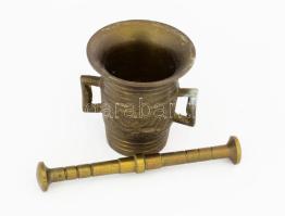 Bronz mozsár törővel, patinás, m: 5,5 cm, törő h: 10 cm