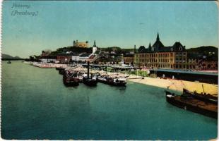1911 Pozsony, Pressburg, Bratislava; látkép, kikötő, gőzhajó, vár, képeslapfüzetből / general view, port, steamship, castle, from a postcard booklet (kopott sarkak / worn corners)