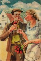 1953 Magyar szocreál üdvözlőlap rózsákkal. Művészeti Alkotások / Hungarian Socialist greeting art postcard with roses (EB)