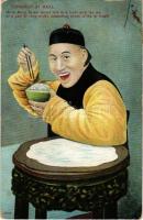 1911 Chinaman at meal. He is about to eat boiled rice in a bowl with the aid of a pair of chopsticks, measuring about 10 ins. in length. Published by Yee Wo Shing - postcard with a scene similar in concept to modern day mukbang influencers on TikTok / korabeli mukbang influenszerre emlékeztető képeslap (kopott sarkak / worn corners)