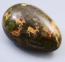 Kasmíri antik kézzel festett lakkozott tojás alakú edény, jelzett, kopott, 18x11 cm