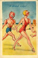 A strand szépe!... Humoros karikatúra / Hungarian humour art postcard (EB)