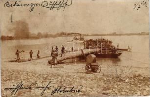 1903 Budapest III. Békásmegyer, osztrák-magyar katonák komppal, hadihajóval / K.u.K. Infant. Reg. No. 23. / K.u.K. military, soldiers with ferry, battleship. photo (fa)