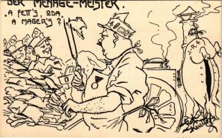 Der Menage-Meister. "A Fett's, oda a Mager's?" Deutschmeister-Witwen und Waisen-Stiftung (Aktion im Felde). Druck: C. Pietsch / WWI Austro-Hungarian K.u.k. military caricature, butcher s: Rudi Kristen (EK)