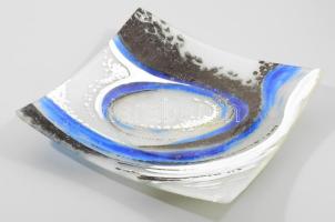 Jelzett iparművész üveg kínáló, hibátlan, 28x28 cm