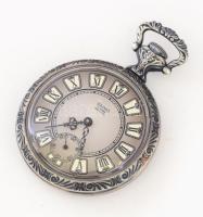 Szecessziós zsebóra, vadász nő motívummal, mechanikus, d: 49 mm, működik