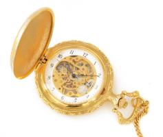 Sárkányos zománc tokos zsebóra, dupla fedeles, szépen jár. d: 48 mm, lánccal