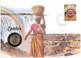 Zambia 1983. 2ng felbélyegzett borítékban, bélyegzéssel, német nyelvű leírással T:UNC, oxidáció Zambia 1983. 2 Ngwee in envelope with stamp and cancellation, with German description C:UNC, oxygenation