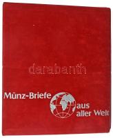 "Münz Briefe aus aller Welt" piros, plüssborítású, négygyűrűs album tok nélkül, 30db kettesosztású berakólappal. Használt, de jó állapotban