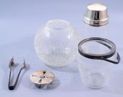 3 darab krakléüveg tárgy, gömbváza, shaker, WMF jégtartó fogóval, m: 17 cm alatt