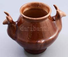 Gorka jelzéssel kosfejes váza, mázas kerámia, m: 15 cm