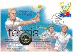 Spanyolország 1991. 25p Ni-bronz "1992 Olimpiai Játékok", "Tenisz" felbélyegzett borítékban, bélyegzéssel, német nyelvű leírással T:UNC Spain 1991. 25 Pesetas Ni-bronze "1992 Olympics" in "Tennis" envelope with stamp and cancellation, with German description C:UNC Krause KM#850
