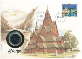 Norvégia 1988K 1K Cu-Ni felbélyegzett borítékban, bélyegzéssel T:UNC, patina Norway 1988K 1 Krone Cu-Ni in envelope with stamp and cancellation C:UNC, patina