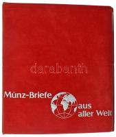 "Münz-Briefe aus aller Welt" piros, plüssborítású, négygyűrűs album tok nélkül, 20db kettesosztású berakólappal. Használt, de jó állapotban, 3db lapon alkoholos filces ármegjelölés