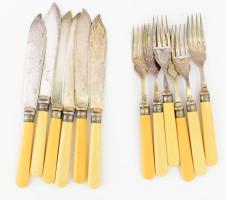 Art deco bakelit nyelű EPNS halkés és halvilla szett, teljes, h: 19 cm