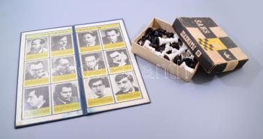 Szovjet sakk készlet, táblán híres szovjet sakkozók képeivel és nyomtatott aláírásaival, műanyag bábukkal, teljes, kopással, 36x36 cm