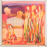 Olvashatatlan jelzéssel: Találkozás, 1975. Olaj, farost. Kissé sérült. laza fakeretben. 60x60 cm.