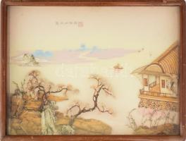 Távol-keleti plasztikus kép, jelzett, XX. sz. közepe, üvegezett fakeretben, egy plasztikus rátét laza. 29x39 cm