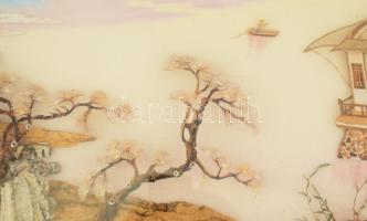 Távol-keleti plasztikus kép, jelzett, XX. sz. közepe, üvegezett fakeretben, egy plasztikus rátét laz...