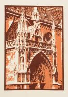 Jelzés nélkül: Mátyás-templom, Budapest. Szitanyomat, papír. Lapszéli elszíneződésekkel. 30x21,5 cm