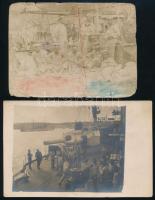 cca 1900 Az SMS Kaiserin und Königin Maria Theresia osztrák-magyar hadihajó matrózai, fotólap, megviselt állapotban, 8,5x12 cm + cca 1915 Fedélzeti részlet matrózokkal az Osztrák-Magyar Haditengerészet egyik pre-dreadnought csatahajóján, fotólap, 9x14 cm