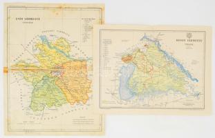 1897 Moson vármegye térképe, tervezte: Gönczy Pál, 23,5x30 cm + cca 1900-1910 Győr vármegye térképe, kissé sérült, foltos, 35x25,5 cm