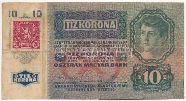 1915. 10K "1079 382173" 20h értékű csehszlovák bélyeggel T:F,VG Hungary 1915. 10 Korona "1079 382173" with Czechoslovakian 20 Haleru stamp C:F,VG
