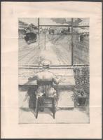 Pásztor Gábor (1933-): Központi vezérlő asztal, rézkarc, papír, jelzett, törésnyomokkal, 29x20 cm