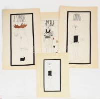 Jodál Ágnes (-): 4 db jelmezterv Gozzi Szarvaskirály c. előadásához, Miskolc, Nemzeti Színház, 1990. Vegyes technika, papír. Egyik a hátoldalán jelzett. 29,5x15 és 50x21 cm körüli méretekben.