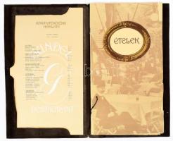 cca 1980 Riesz József (1933-) iparművész által a Gundel étterem számára tervezett festett bőr étlaptartó, szép állapotban, 39x23 cm. Benne étlappal, hozzá a Gundel tulajdonosának levelével, valamint Gundel Ferenc halotti értesítőjével