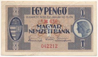 1938. 1P csillagos sorszám "H 636 042212" T:F kis beszakadások Hungary 1938. 1 Pengő csillagos sorszám "H 636 042212" C:F small tears Adamo P1