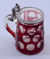 cca 19. sz. vége, Díszpohár, csiszolt bíborpácolt üveg, javított fedéllel, kopott, m: 14 cm