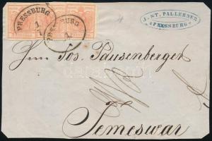 ~1855 3 x 3kr MP III. on the front of a cover, "PRESSBURG" - Temesvár, ~1855 3 x 3kr MP III. levél előlapon, "PRESSBURG" - Temesvár